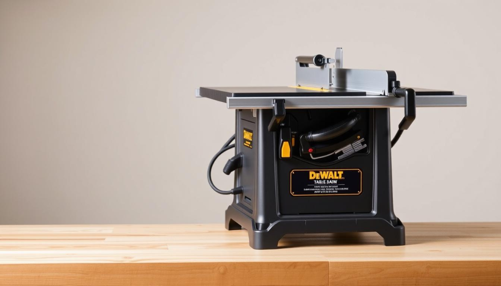 A well-lit, high-resolution image of a DeWalt 10-inch table saw placed on a clean, wooden workbench against a neutral background. The saw is shown from a slightly elevated, three-quarter angle, showcasing its robust construction, sturdy cast-iron table, and large, easy-to-read digital display. The image conveys a sense of quality, precision, and reliability, reflecting the saw's reputation as a reliable woodworking partner. The lighting is balanced, creating subtle shadows and highlights that accentuate the saw's design features. The overall mood is professional and inviting, suitable for a section on user testimonials and reviews.