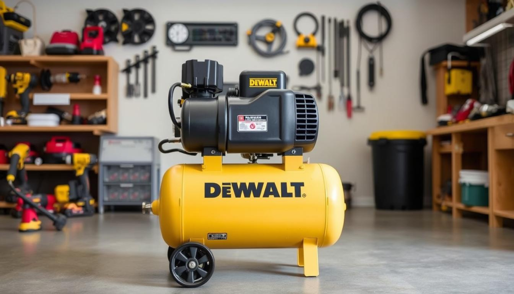 A well-lit, high-resolution image of a DeWalt 30 gallon air compressor standing prominently in a clean, organized workshop. The compressor is captured from a slightly elevated angle, showcasing its sturdy construction, large tank, and prominent DeWalt branding. The background features a range of power tools and accessories, hinting at the compressor's versatile applications. The image conveys a sense of power, reliability, and professionalism, perfectly suited to illustrate the "Ideal Uses for the 30 Gallon Air Compressor" section of the article.