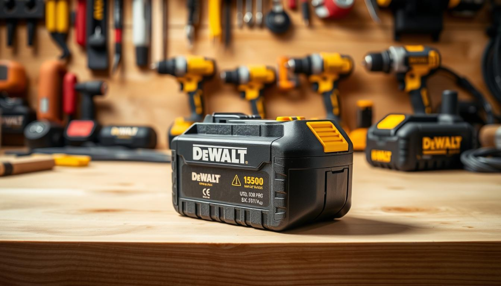 A well-lit, high-resolution image of a DeWalt cordless power tool battery on a clean, wooden workbench. The battery is the main focus, with a soft, diffused light highlighting its textured surface and metallic accents. In the background, a selection of DeWalt tools and accessories are arranged neatly, conveying a sense of organized maintenance. The overall mood is one of professionalism and attention to detail, perfectly capturing the "Tips for Maintaining Your DeWalt Batteries" theme.