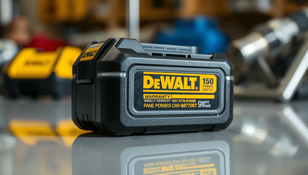 A well-lit, high-resolution image of a DeWalt power tool battery with a prominent warranty label. The battery is placed on a clean, reflective surface, with a subtle background showcasing a workshop environment, such as blurred tools or machinery. The lighting is soft and diffused, highlighting the sleek design and branding of the battery. The overall composition emphasizes the warranty information, conveying the importance of proper battery care and maintenance for reliable power tool performance.