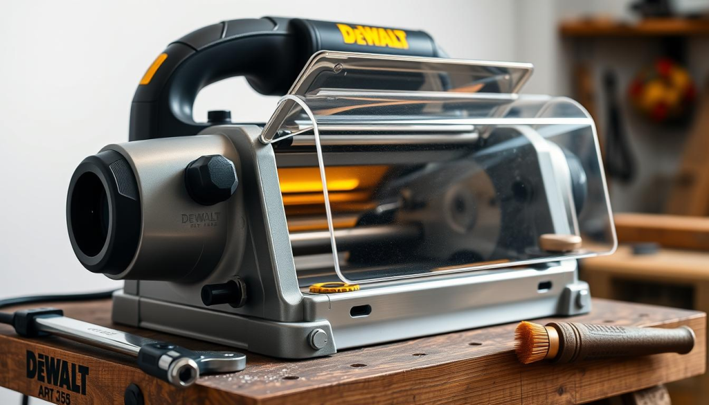 A well-lit, high-resolution image of a Dewalt 735 benchtop planer undergoing maintenance. The planer is positioned on a sturdy workbench, with various maintenance tools, such as a wrench, screwdriver, and a brush, neatly arranged next to it. The foreground showcases the planer's metal casing, with a focus on the control panel and the blade guard. The middle ground highlights the planer's interior components, including the feed rollers and the cutterhead, which are clearly visible through a transparent cover. The background features a clean, neutral-toned workshop setting, emphasizing the attention to detail and the importance of proper maintenance for the longevity of the Dewalt 735 planer.
