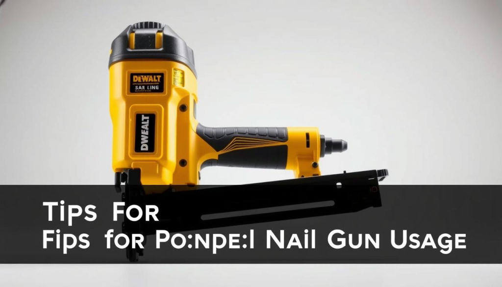 A well-lit, high-resolution image of a cordless DEWALT nail gun with a focus on proper safety tips. The nail gun is prominently displayed in the foreground, with the safety features and instructions highlighted in a clear, easy-to-understand manner. The background features a clean, white environment, allowing the nail gun and its safety elements to stand out. The lighting is soft and diffused, creating a professional, educational atmosphere. The camera angle is slightly elevated, providing a clear view of the nail gun and its safety mechanisms. The overall composition is balanced and visually appealing, designed to effectively convey the key safety information for the "Tips for Proper Nail Gun Usage" section of the article.