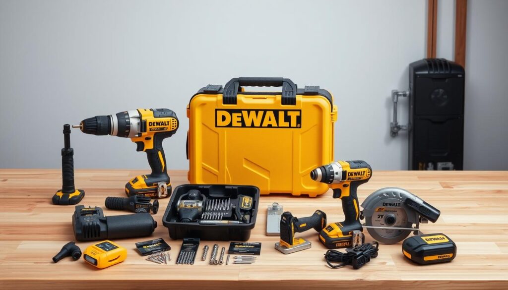 A well-lit, high-resolution image of a professional-grade DEWALT tool set, displayed on a clean, minimalist wooden workbench. The set includes a hammer drill, impact driver, circular saw, and a selection of drill bits, fasteners, and other accessories neatly arranged in a sturdy, organized carrying case. The tools have a sleek, modern design with the iconic DEWALT yellow and black color scheme. The image should convey a sense of quality, durability, and the user-friendly experience one would expect from a DEWALT product.