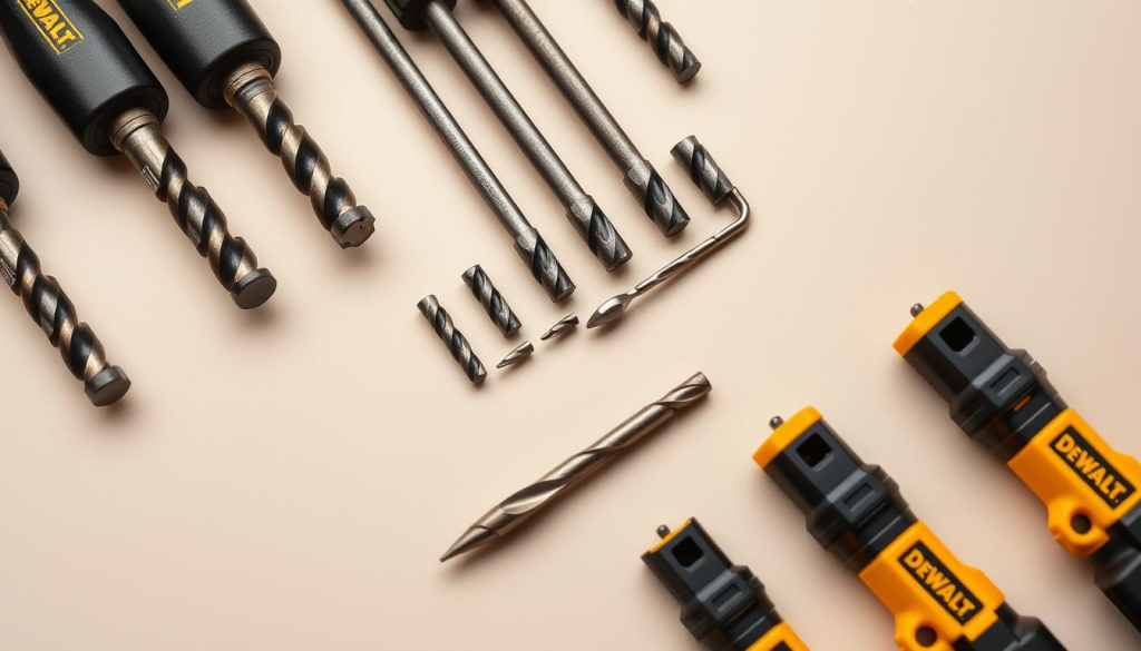 A well-lit, high-resolution image of a set of DEWALT drill bits arranged on a clean, neutral-colored surface. The bits are showcased in an organized, detailed manner, highlighting their precision, durability, and range of sizes. The image has a technical, professional feel, conveying the quality and performance of the DEWALT brand. The lighting is soft and even, creating a clear, shadow-free view of the drill bits. The camera angle is slightly elevated, providing a bird's-eye perspective that allows the viewer to fully appreciate the entire set. The overall mood is one of competence, reliability, and attention to detail, reflecting the safe and effective use of these DEWALT drill bits.