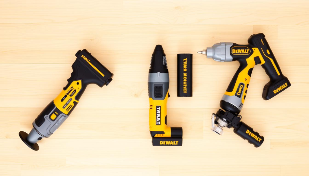 A well-lit, high-resolution image of a side-by-side comparison of three DEWALT oscillating multi-tool models, arranged on a clean, light-colored wooden surface. The tools are displayed from different angles, showcasing their distinct designs, features, and accessories. The image has a crisp, professional tone, allowing the viewer to clearly assess the differences between the models. The lighting is natural and evenly distributed, highlighting the tools' textures and colors. The overall composition is balanced and visually appealing, inviting the viewer to explore the details of each oscillating multi-tool.