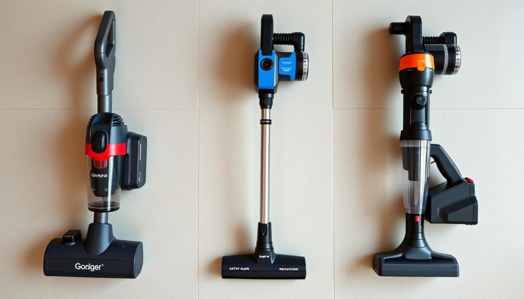 A well-lit, high-resolution image of a side-by-side comparison of three cordless shop vacuums from reputable brands, arranged neatly on a clean, neutral-colored surface. The vacuums should be presented in a way that showcases their size, design, and key features, allowing for an informative visual comparison. The lighting should be balanced, with soft shadows and highlights to accentuate the products' details. The composition should be visually appealing, with the vacuums arranged in a way that creates a harmonious and organized layout. The overall mood should convey a sense of professionalism and attention to detail, suitable for an article about a cordless vacuum product.