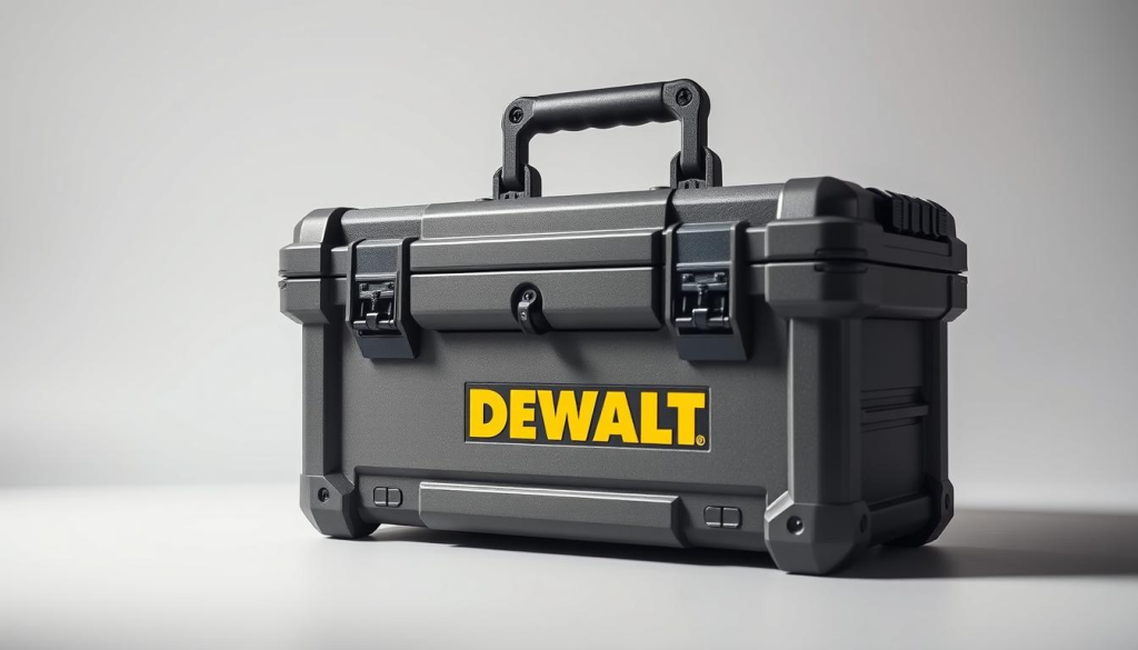 A well-lit, high-resolution image of a sturdy DEWALT tool box with a metallic finish, showcasing its robust construction and durable design. The box is positioned in a clean, minimal setting, with soft shadows and gentle highlights accentuating its clean lines and attention to detail. The camera angle captures the box in a slightly elevated perspective, emphasizing its solid, trustworthy presence. The overall mood is one of reliability, practicality, and the confidence that comes from owning a high-quality storage solution for your valuable tools.