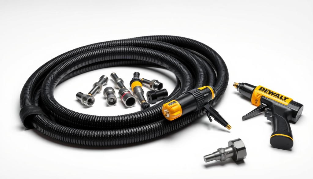 A well-lit, high-resolution image of a variety of DEWALT 20V air compressor accessories, including a hose, inflation nozzles, a tire inflator, a blow gun, and an air chuck, arranged artfully on a clean, white background. The accessories are meticulously detailed, showcasing their sturdy construction and sleek, modern design. The lighting is soft and diffused, creating a sense of depth and emphasizing the textures and materials of the products. The overall composition is balanced and visually appealing, highlighting the versatility and functionality of the DEWALT 20V air compressor accessories.