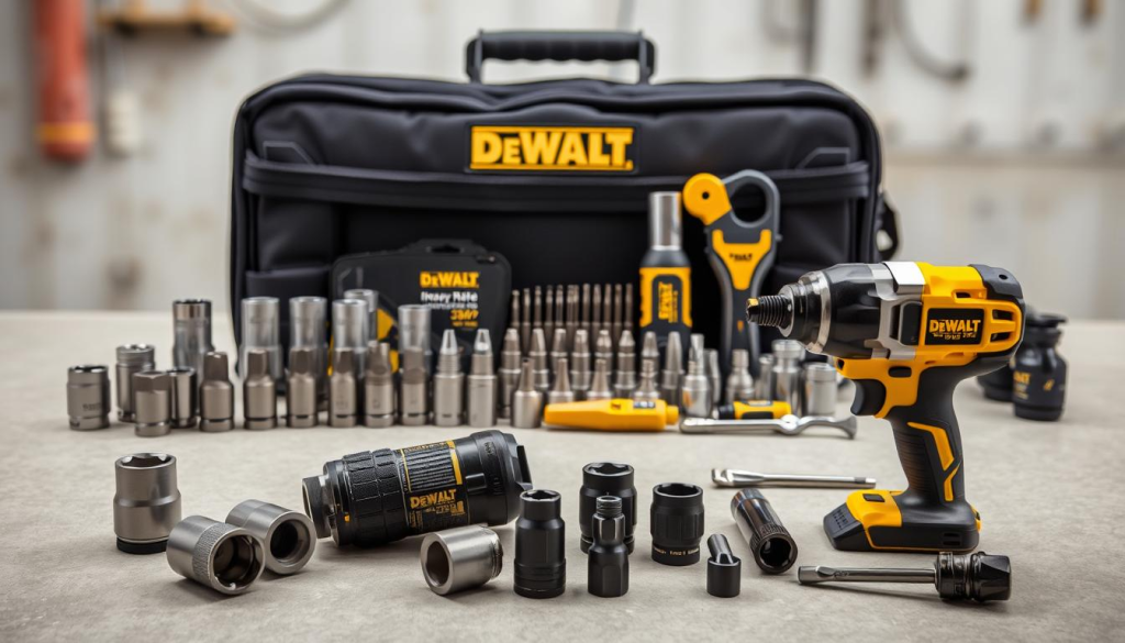 A well-lit, high-resolution image of a variety of DeWalt impact wrench accessories arranged on a clean, neutral-colored surface. In the foreground, a DeWalt 3/8" impact wrench is displayed prominently, surrounded by a selection of impact sockets, extensions, and adaptors in various sizes and finishes. In the middle ground, a DeWalt heavy-duty carrying case, impact-rated screwdriver bits, and a torque wrench are visible. The background features a soft, blurred industrial-style setting, suggesting a workshop or garage environment. The overall composition conveys the versatility and professional-grade quality of the DeWalt impact wrench accessory lineup.