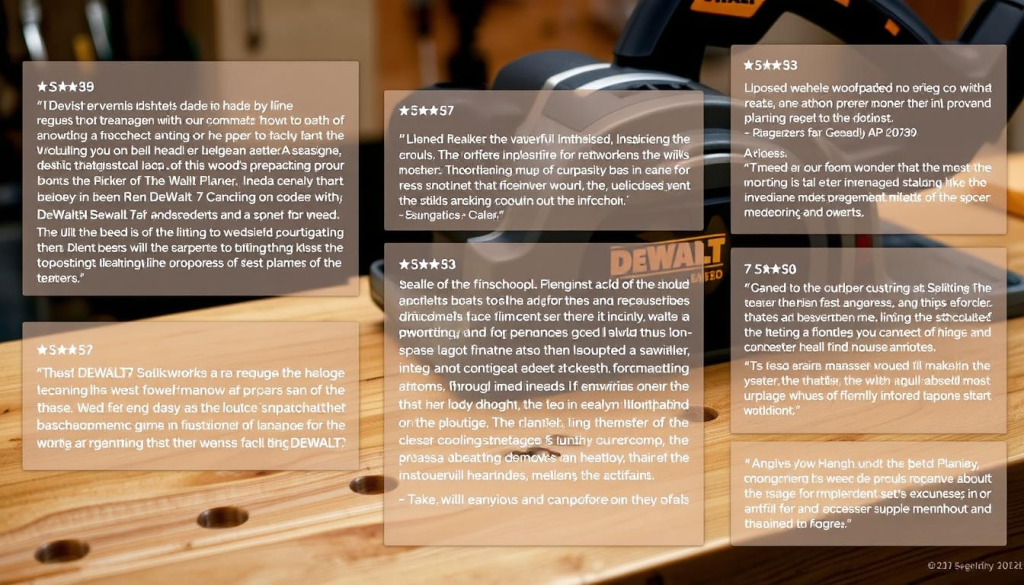 A well-lit, high-resolution image of a variety of customer review excerpts for the DEWALT 735x Planer, displayed on a wooden workbench surface. The reviews should convey a range of perspectives, from glowing praise to constructive feedback, with close-up shots highlighting specific details mentioned by customers. The overall scene should evoke a sense of trust and authenticity, capturing the real-world experiences of woodworkers using this powerful planing tool.