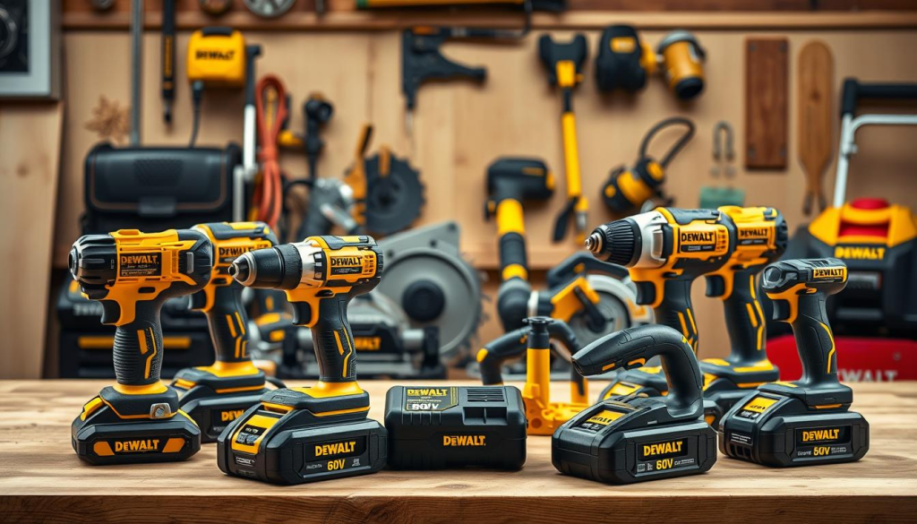 A well-lit, high-resolution image of an assortment of DEWALT 60V cordless power tools arranged on a wooden workbench. In the foreground, a DEWALT 60V cordless drill, impact driver, and reciprocating saw stand prominently, their sleek black and yellow designs gleaming under the soft, diffused lighting. In the middle ground, a 60V cordless circular saw, angle grinder, and jigsaw are neatly grouped, showcasing the versatility of the 60V platform. The background features a 60V cordless leaf blower and a 60V cordless mower, hinting at the breadth of the 60V lineup for both indoor and outdoor home projects. The overall scene conveys a sense of power, precision, and efficiency, perfectly reflecting the capabilities of DEWALT's 60V tools.