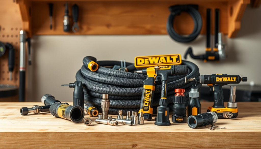 A well-lit, high-resolution image of an assortment of DEWALT compressor accessories, including a heavy-duty air hose, various pneumatic tools, and a set of adapters, neatly arranged on a clean, wooden workbench. The accessories are showcased against a soft, diffused light, creating a warm, inviting atmosphere suitable for a home workshop setting. The image should convey a sense of professional-grade quality and attention to detail, highlighting the versatility and reliability of DEWALT compressor accessories for a wide range of DIY and home improvement projects.