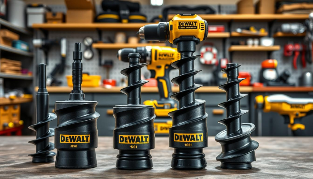 A well-lit, high-resolution image of several DEWALT auger attachments in a professional workshop setting. The attachments are prominently displayed in the foreground, showcasing their sturdy construction and precision engineering. In the middle ground, a DEWALT power drill is visible, highlighting the seamless integration between the tools. The background features a clean, organized workspace with shelves, tools, and other DEWALT equipment, conveying a sense of reliability, durability, and the brand's commitment to delivering powerful, high-performance drilling solutions.