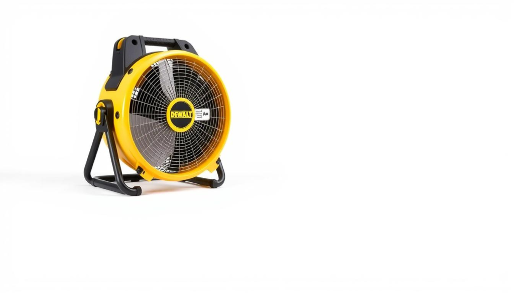 A well-lit, high-resolution image of the DEWALT 20V MAX Jobsite Fan displayed prominently on a clean, crisp white background. The fan is presented at an angle, highlighting its sleek, modern design with the DEWALT logo clearly visible. The image showcases the fan's powerful air output with subtle swirling air effects around it. In the foreground, a grid of user review excerpts in a readable, neutral font is artfully arranged, conveying a sense of customer satisfaction and product quality. The overall composition and lighting create a professional, visually appealing image that complements the "User Reviews and Testimonials" section of the article.