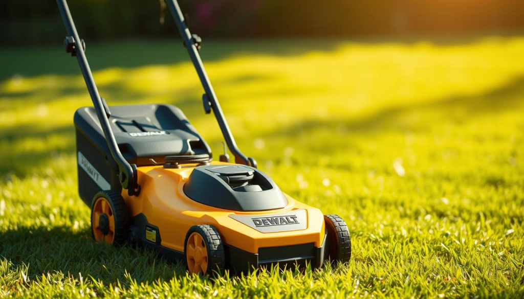 A well-lit, high-resolution image of the DEWALT 20V cordless lawn mower against a blurred background of a lush, green lawn. The mower is positioned prominently in the center, showcasing its sleek, modern design with the DEWALT logo clearly visible. Sunlight casts warm, natural shadows, highlighting the mower's clean lines and sturdy construction. The image conveys a sense of quality, reliability, and customer satisfaction, aligning with the "Customer Reviews and Testimonials" section of the article.