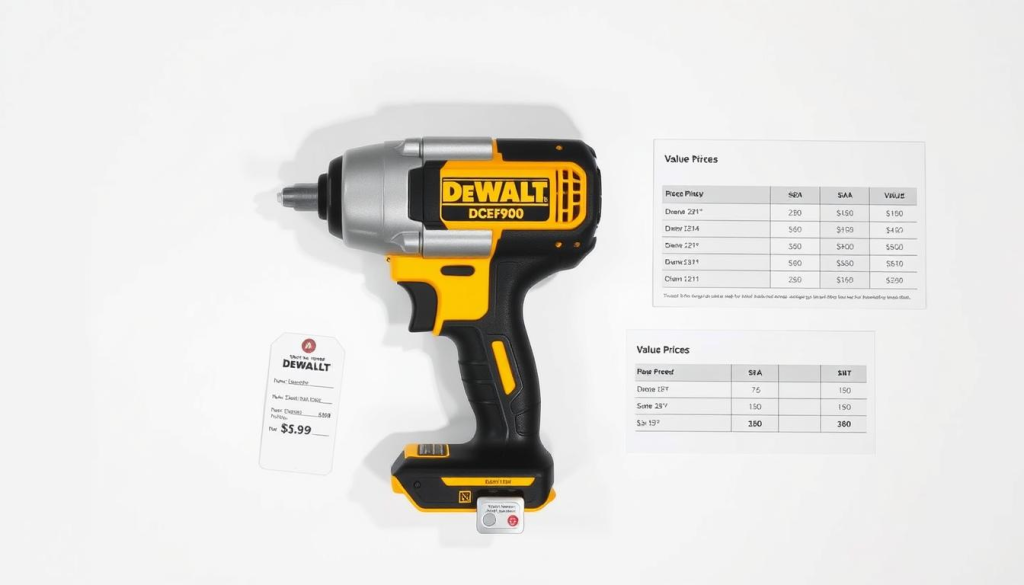 A well-lit, high-resolution image of the DEWALT DCEF900 impact wrench set against a plain white background. The wrench is positioned prominently in the center, showcasing its sleek and rugged design. Surrounding the wrench are neatly arranged price tags and comparison charts, displaying the product's competitive pricing and value proposition. The lighting is soft and directional, creating subtle shadows that accentuate the wrench's contours. The overall composition is clean, balanced, and focused on conveying the key details about the pricing and value of this professional-grade power tool.