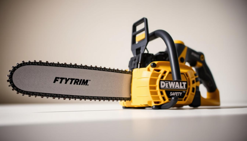 A well-lit, high-resolution image of the safety features on a DeWalt electric chainsaw, showcasing the blade guard, trigger lock, and ergonomic handle design. The saw is positioned at a slight angle, highlighting the safety mechanisms in the foreground against a clean, neutral background. The lighting is soft and natural, creating a sense of clarity and attention to detail. The image conveys the reliability and safety-focused engineering of the DeWalt chainsaw, aligning with the article's subject and section title.