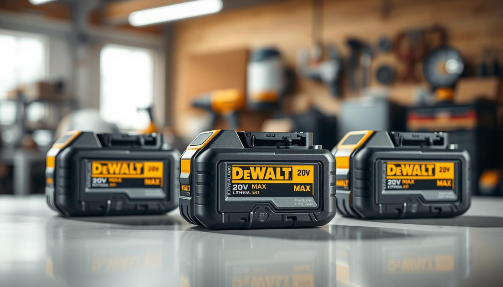 A well-lit, high-resolution image of three DEWALT 20V MAX lithium-ion battery packs in the foreground, their metallic casings and prominent DEWALT branding clearly visible. The batteries are positioned on a clean, reflective surface, casting subtle shadows. The middle ground features a blurred, out-of-focus workshop environment, hinting at the power tools these batteries are designed to power. The background is a soft, slightly desaturated gradient, creating a sense of depth and focus on the batteries. The overall mood is one of quality, durability, and the reliable performance of DEWALT's 20V battery technology.