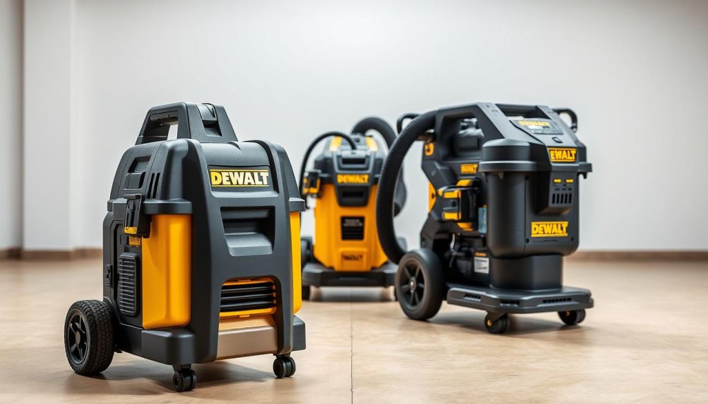 A well-lit, high-resolution image showcasing a side-by-side comparison of a DEWALT dust extractor and competing models. The DEWALT unit is prominently displayed in the foreground, its sleek and sturdy construction clearly visible. The competing models are positioned in the middle ground, allowing for a clear visual comparison of their features and design. The background is a clean, neutral workspace, emphasizing the professional and utilitarian nature of the tools. The lighting is bright and directional, highlighting the textures and details of the machines. The overall composition is balanced and visually appealing, inviting the viewer to closely examine and compare the key differences between the DEWALT dust extractor and its competitors.