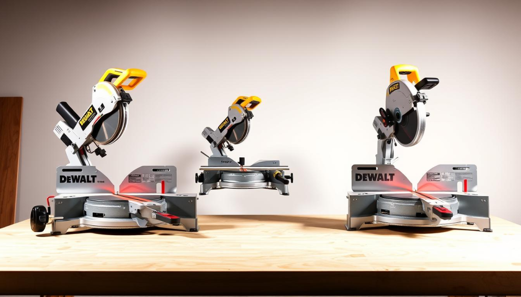 A well-lit, high-resolution image showcasing a side-by-side comparison of several top-of-the-line miter saws, including the DEWALT DWS779. The saws are positioned on a clean, neutral-colored workbench, allowing their features and details to be clearly visible. The foreground focuses on the saws, capturing their blades, fences, and adjustment mechanisms in sharp focus. The middle ground provides a sense of scale, with the saws framed against a simple background that emphasizes their craftsmanship and functionality. Subtle directional lighting from the side accentuates the saws' angles and contours, creating depth and highlighting their differences. The overall mood is one of professional, technical precision, inviting the viewer to closely examine and compare the various miter saw models.