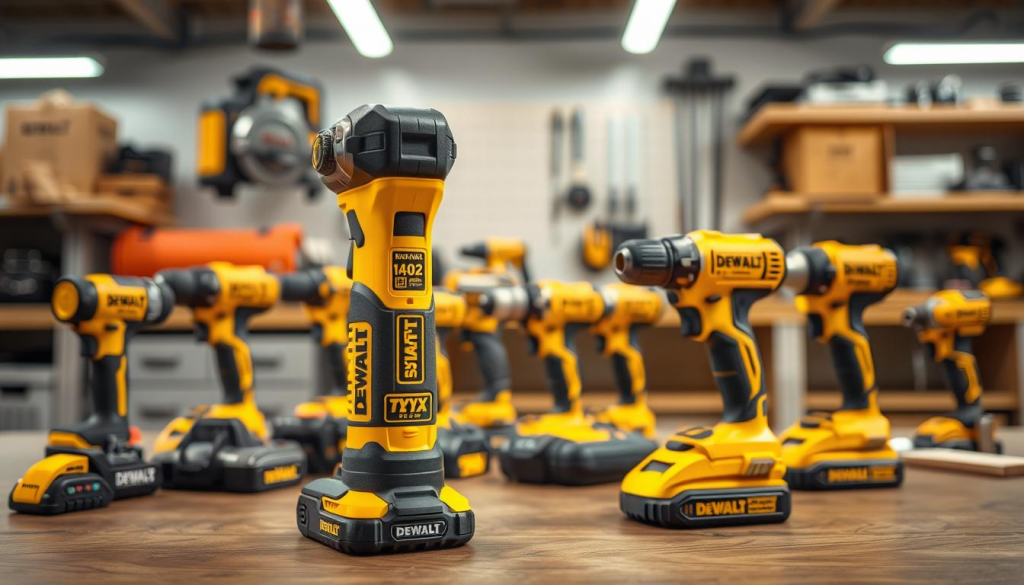 A well-lit, high-resolution image showcasing a variety of DEWALT power tools in a practical, professional setting. In the foreground, a DEWALT vibrating multi-tool stands prominently, its smooth, efficient operation evident. In the middle ground, an assortment of other DEWALT tools, such as a cordless drill, reciprocating saw, and rotary hammer, are neatly arranged, highlighting the brand's comprehensive lineup. The background features a clean, organized workshop environment, with shelves and workbenches displaying the tools' versatility and suitability for a range of applications.