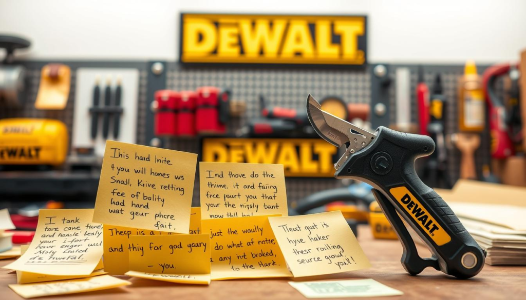 A well-lit, high-resolution image showcasing genuine customer reviews and testimonials for the DEWALT utility knife. The foreground features a collection of handwritten notes, sticky-notes, and personal messages expressing praise for the knife's durability, precision, and versatility. The background depicts a neatly organized workshop or workbench, with the DEWALT logo prominently displayed. The overall scene conveys a sense of trust, reliability, and a deep appreciation for the tool's performance in a variety of practical applications. The lighting is soft and natural, creating a warm, inviting atmosphere that emphasizes the product's quality and the customers' satisfaction.