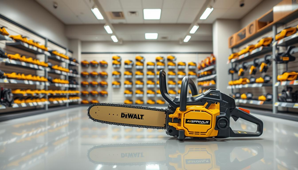 A well-lit, high-resolution image showcasing the availability of the DeWalt 8-Inch Chainsaw. In the foreground, the chainsaw sits prominently on a clean, reflective surface, its sleek black and yellow design reflecting the lighting. The middle ground features various retail shelves, neatly organized and stocked with the chainsaws, conveying a sense of abundance and accessibility. The background depicts a modern, well-lit retail environment, with clean lines and neutral tones that complement the product. The overall mood is one of professionalism, quality, and a wide selection of the DeWalt 8-Inch Chainsaw for the discerning consumer.