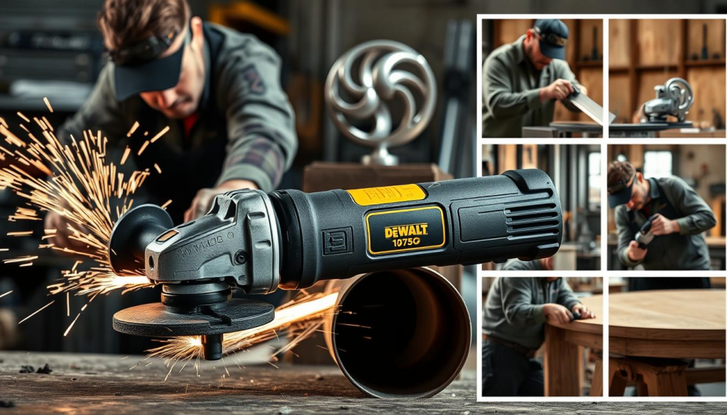 A well-lit, high-resolution image showcasing the versatile applications of a DEWALT angle grinder. In the foreground, a worker is using the angle grinder to grind down a metal surface, sparks flying. In the middle ground, the angle grinder is being used to cut through a thick metal pipe. In the background, various projects are visible - a worker polishing a metal sculpture, another sharpening a blade, and a third sanding down a wooden surface. The lighting is crisp and the composition highlights the tool's diverse functionality in a professional workshop setting.
