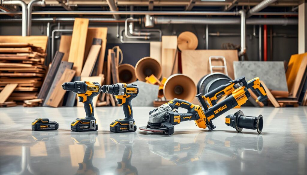 A well-lit, high-resolution image showcasing the versatility of DEWALT 60V power tools. In the foreground, a variety of cordless tools - a drill, impact driver, angle grinder, and reciprocating saw - are neatly arranged on a clean, reflective surface. The middle ground features a diverse array of construction materials - wood, metal, concrete - demonstrating the tools' ability to handle a wide range of applications. The background has a subtle, industrial-inspired setting with exposed pipes and beams, creating a sense of professional, job-site readiness. Warm, directional lighting accentuates the tools' sleek, modern design and powerful capabilities.