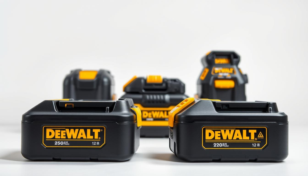 A well-lit, high-resolution image showing a side-by-side comparison of Dewalt lawn mower batteries alongside their closest competitors. The Dewalt batteries are prominently featured in the foreground, their sleek black and yellow design gleaming under studio lighting. In the middle ground, the competitor batteries are displayed for a clear visual contrast. The background is a clean, neutral studio setting, allowing the batteries to take center stage. The composition is balanced and visually appealing, inviting the viewer to closely examine the technical specifications and performance capabilities of each battery option.