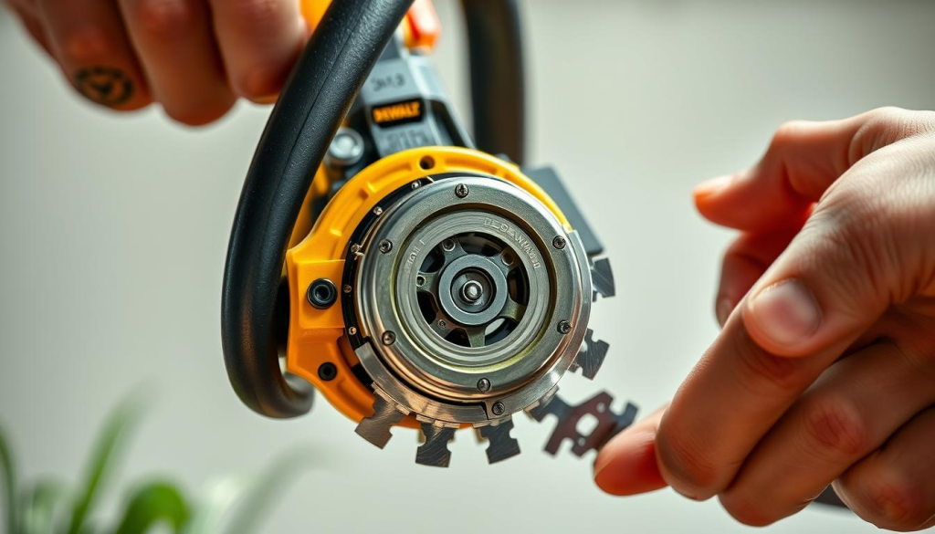 A well-lit, high-resolution, macro-style image of a DEWALT gardening tool attachment being meticulously maintained. The attachment, perhaps a hedge trimmer or a saw, is the central focus, displayed against a clean, out-of-focus background. Showcasing the tool's intricate inner workings, the image captures the user's hands carefully inspecting and cleaning each component, from the blades to the gear mechanisms. The lighting is soft and diffused, accentuating the metallic textures and creating a sense of precision and attention to detail. The overall composition and angle convey the importance of proper maintenance for ensuring the long-lasting performance and reliability of the DEWALT gardening tool attachment.
