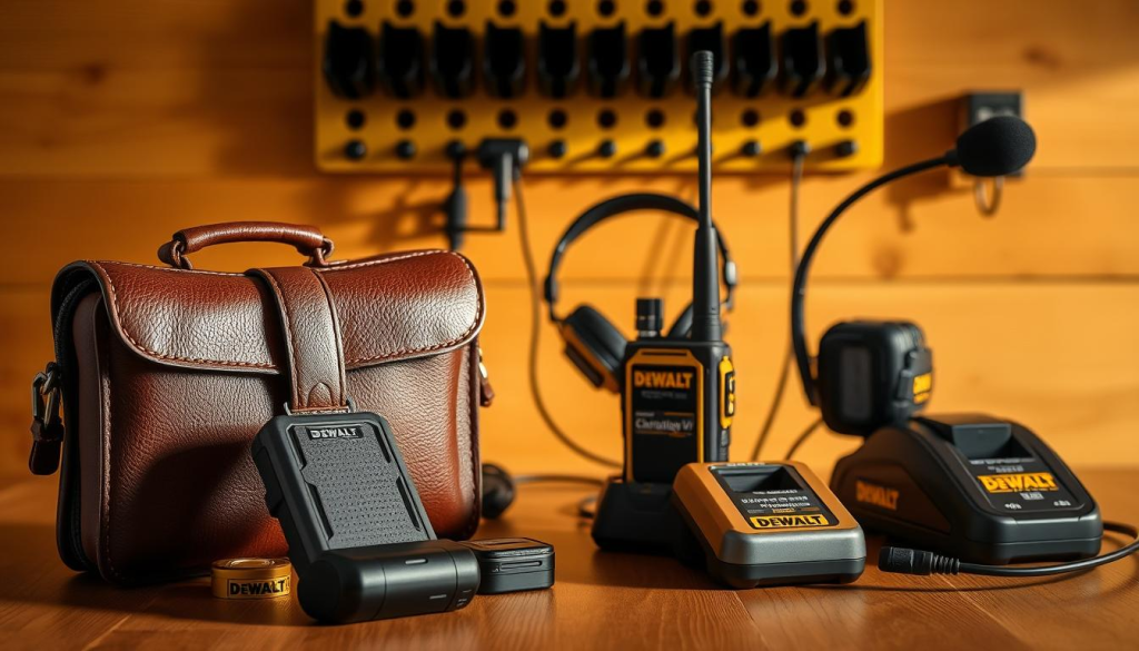 A well-lit, high-resolution photo of a variety of DEWALT walkie talkie accessories arranged on a wooden surface. In the foreground, a sturdy leather carrying case with a metal clip, a replacement battery pack, and a charging dock. In the middle ground, a set of noise-cancelling headphones and an external microphone with a flexible boom. In the background, a wall-mounted charging station with multiple slots for walkie talkies and accessories. The lighting is warm and natural, creating a sense of ruggedness and durability befitting the DEWALT brand. The overall scene conveys the versatility and utility of the walkie talkie accessories, ready to support seamless communication on the jobsite.