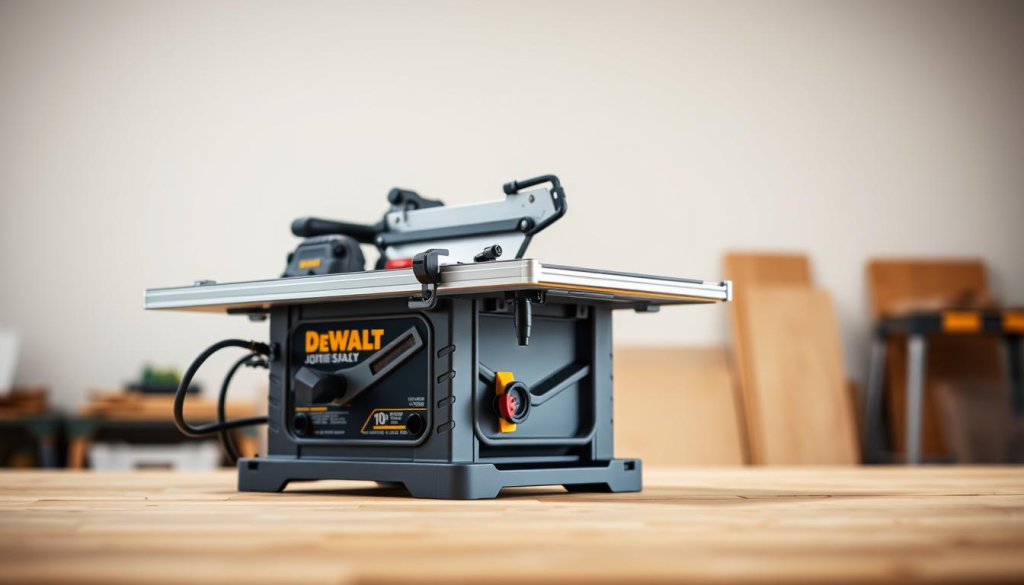 A well-lit, high-resolution photograph of a DEWALT 10-inch jobsite table saw set against a clean, neutral background. The saw is positioned at a slight angle, showcasing its sturdy construction, precision blade, and adjustable features. The foreground is sharp and in focus, highlighting the saw's key details such as the rip fence, miter gauge, and dust collection port. The middle ground features a softly blurred workshop environment, suggesting the saw's versatility and intended use. The lighting is natural and diffused, creating a warm, professional atmosphere that accentuates the saw's sleek, modern design.