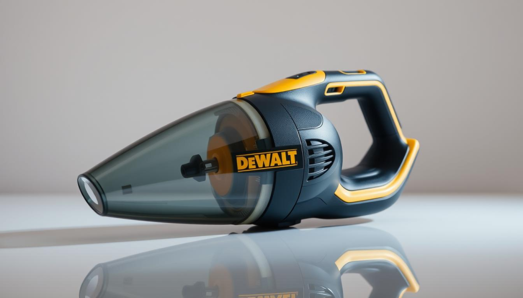 A well-lit, high-resolution photograph of a DEWALT 20V cordless vacuum cleaner. The device is placed on a clean, reflective surface, with a soft, diffused lighting illuminating it from the front and sides. The vacuum's sleek, black and yellow design is highlighted, showcasing its modern, professional appearance. The image captures the vacuum's compact size and ergonomic form, emphasizing its portability and ease of use. The background is a plain, neutral color, allowing the vacuum to be the focal point of the image. The overall mood is one of quality, efficiency, and functionality, reflecting the product's reputation for reliable performance.