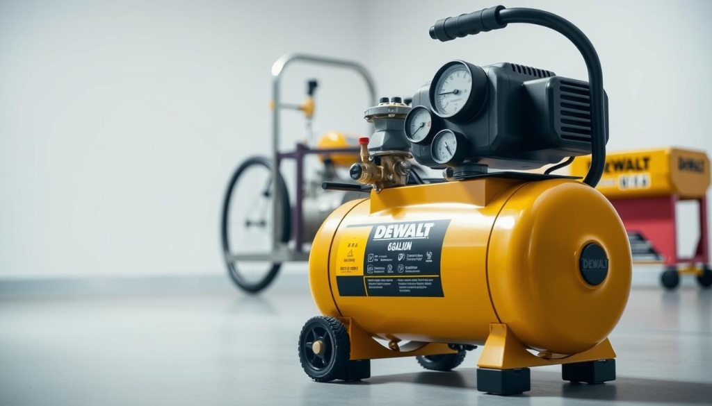A well-lit, high-resolution photograph of a DEWALT 6 gallon air compressor, showcasing its safety features in a clean, studio-like setting. The compressor is positioned in the foreground, prominently displaying its control panel, pressure gauges, and safety valves. The midground includes a clear view of the metal frame, rubber feet, and overall sturdy construction. The background is slightly blurred, maintaining focus on the key safety elements. The lighting is soft and diffused, creating a sense of clarity and professionalism. The overall mood is one of reliability, durability, and attention to safety, befitting the subject and the article's content.