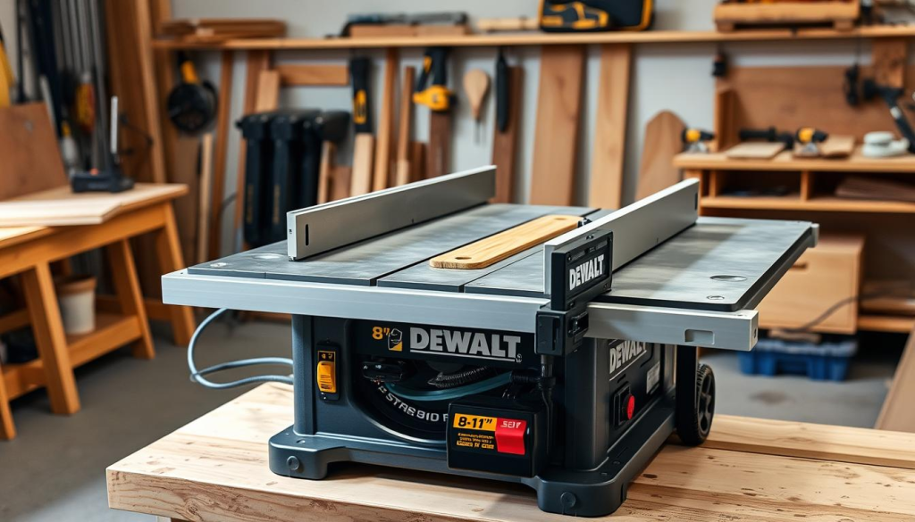 A well-lit, high-resolution photograph of a DEWALT 8-1/4" table saw setup. The saw is placed on a sturdy workbench, with the blade fully extended and the guards in place. The work surface is clean and uncluttered, with various woodworking tools neatly arranged around the saw. The lighting is natural, with soft shadows and highlights accentuating the saw's features. The image is shot from a slightly elevated angle, capturing the saw's controls, blade, and overall setup in a clear, detailed manner. The scene conveys a sense of precision, functionality, and the tool's power and capability for accurate, efficient woodworking.