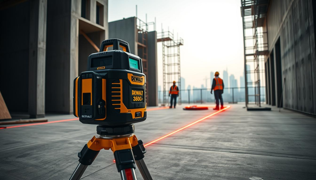 A well-lit, high-resolution photograph of a DEWALT Laser 360 in use on a construction site. The laser level is positioned on a sturdy tripod, casting a precise 360-degree laser line across the concrete floor. In the foreground, construction workers in hard hats and reflective vests are using the laser to align and level building materials. In the middle ground, partially completed walls and scaffolding create a sense of an active worksite. The background features a hazy urban skyline, suggesting an urban construction project. The overall scene conveys a professional, industrial atmosphere with the DEWALT Laser 360 as the central focus, illustrating its practical applications in construction.