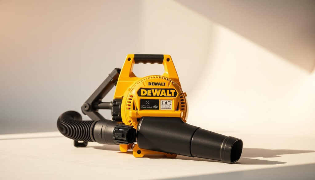 A well-lit, high-resolution photograph of a DEWALT air blower showcasing its energy efficiency features. The device is positioned in the center, with a clean, white background. The air blower's sleek, modern design and prominent DEWALT branding are clearly visible. Sunlight streams in from the side, casting warm, natural shadows that highlight the product's contours and textures. The scene conveys a sense of eco-friendliness, efficiency, and the tool's suitability for outdoor cleaning tasks. The overall composition is balanced and visually appealing, drawing the viewer's attention to the product's key energy-saving aspects.