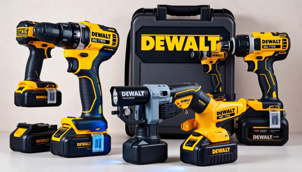 A well-lit, high-resolution photograph of a DEWALT cordless power tool kit displayed on a neutral-colored background. The kit includes a cordless drill, an impact driver, a reciprocating saw, and a flashlight, all arranged in a visually appealing composition. The tools have a sleek, modern design with the iconic DEWALT yellow and black color scheme. The image captures the versatility and professional-grade quality of the DEWALT cordless kit, showcasing its suitability for a wide range of DIY and construction tasks.
