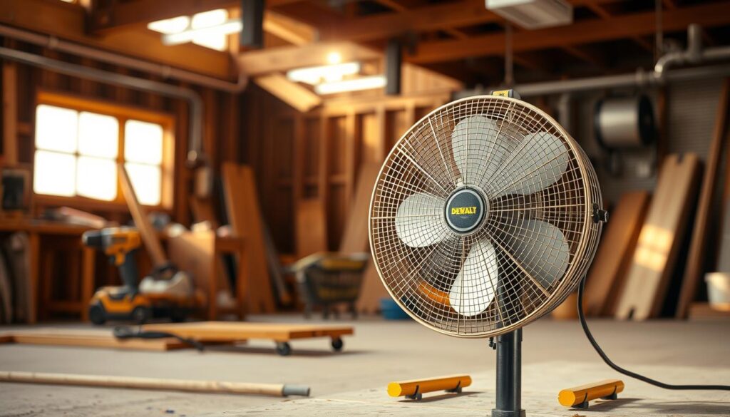 A well-lit, high-resolution photograph of a DEWALT jobsite fan standing prominently in the foreground. The fan is shown in a realistic, detailed manner, with its sturdy metal construction and powerful blades clearly visible. The middle ground features a construction site or workshop setting, with tools, materials, and other equipment in the background, suggesting the fan's practical, work-oriented purpose. The lighting is warm and natural, casting a soft glow on the fan and its surroundings, creating a professional, yet inviting atmosphere. The camera angle is slightly elevated, providing a clear, unobstructed view of the fan, highlighting its utility and importance in the work environment.