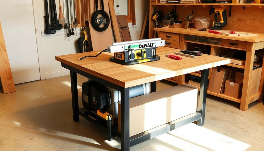 A well-lit, high-resolution photograph of a DEWALT jointer table, showcasing its size and key features. The table is made of sturdy metal and wood, with a sleek and modern design. The table surface is smooth and flat, ideal for precision woodworking. The jointer is positioned in the center, surrounded by various woodworking tools and accessories, creating a professional, workshop-like atmosphere. The image is captured from a slightly elevated angle, providing a clear and detailed view of the entire table setup. The lighting is warm and natural, highlighting the textures and details of the materials. The background is a clean, uncluttered space, allowing the jointer table to be the focal point of the image.
