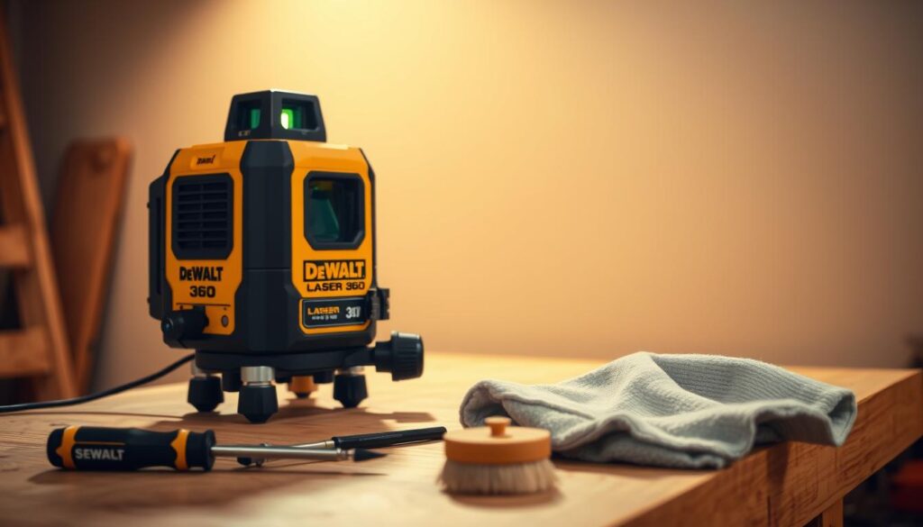 A well-lit, high-resolution photograph of a DEWALT laser level 360 device being carefully inspected and maintained on a clean, wooden workbench. The laser level is the central focus, showcasing its sturdy construction and various components. In the foreground, tools like a screwdriver, brush, and cleaning cloth are neatly arranged, suggesting a methodical maintenance process. The background features a neutral, slightly blurred setting, keeping the attention on the laser level and the maintenance actions. Warm, directional lighting illuminates the scene, emphasizing the level's intricate details and the importance of proper upkeep for ensuring its longevity and optimal performance.