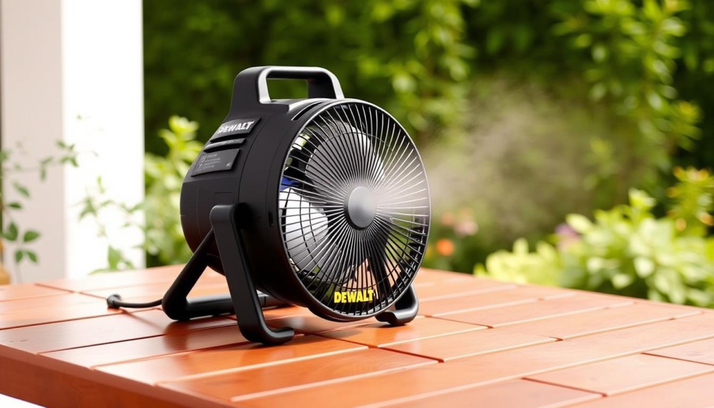 A well-lit, high-resolution photograph of a DEWALT misting fan placed on a wooden patio table, with a lush green garden in the background. The fan is positioned at an angle, showcasing its sleek, black design and the fine mist it produces. The lighting is soft and diffused, creating a warm, inviting atmosphere. The image captures the fan's practical features and its ability to provide refreshing outdoor comfort, aligning with the article's subject and section title.