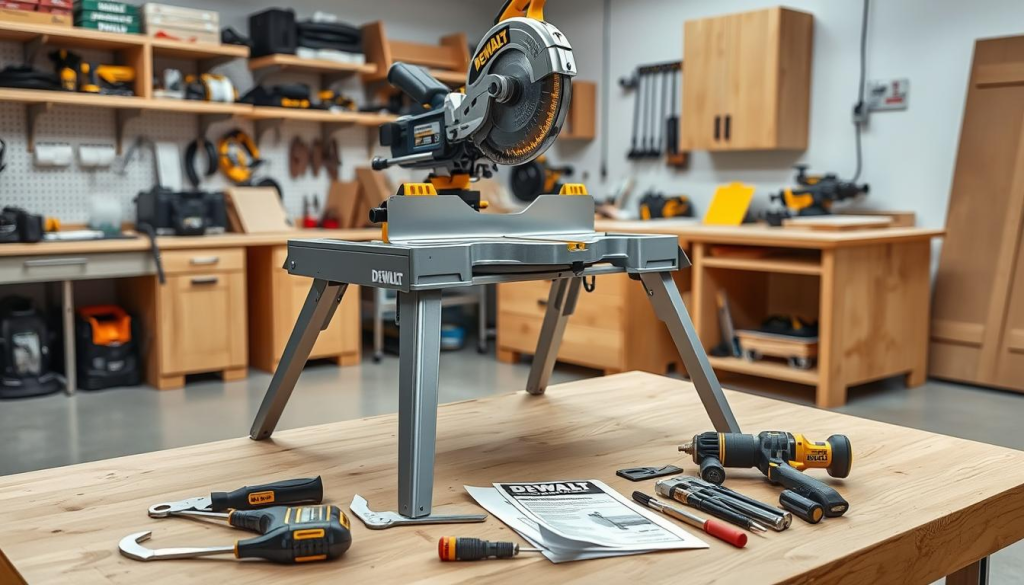 A well-lit, high-resolution photograph of a DEWALT miter saw stand set up in a workshop. The stand is assembled and placed on a wooden workbench, with the miter saw securely mounted on top. The stand features sturdy metal legs, adjustable extensions, and a durable work surface. In the foreground, various tools and accessories used for setting up the stand are neatly arranged, including a wrench, screwdriver, and instruction manual. The background shows a clean, organized workshop environment with shelves, cabinets, and other power tools visible, creating a professional and functional atmosphere.