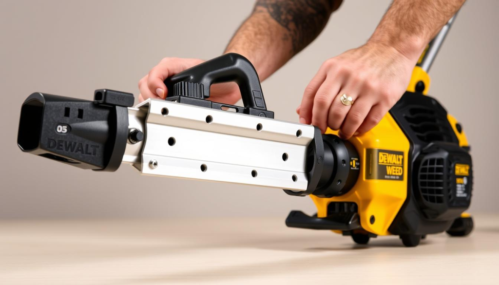 A well-lit, high-resolution photograph of a DeWALT edger attachment being installed on a DeWALT weed eater. The foreground shows the attachment with its various components, such as the blade guard and the adjustment knob, being carefully aligned and secured onto the weed eater shaft. The middle ground depicts the user's hands holding the attachment in place, demonstrating the step-by-step process. The background features a clean, uncluttered workspace with a neutral color palette, allowing the focus to remain on the task at hand. The image conveys a sense of precision, attention to detail, and the expertise required for a successful attachment installation.