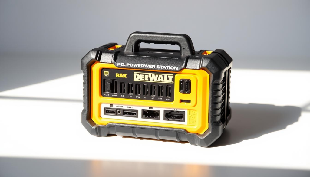 A well-lit, high-resolution photograph of a DeWalt power station, showcasing its key features. The power station is placed prominently in the foreground, with a clean white background that highlights its modern, sleek design. The image captures the robust construction, large capacity battery, and various input/output ports in vivid detail, allowing the viewer to appreciate the versatility and practicality of this portable power solution. The lighting is natural and diffused, creating a warm, inviting atmosphere that complements the industrial aesthetic of the DeWalt brand. The overall composition is balanced and visually appealing, drawing the viewer's attention to the power station's impressive capabilities.