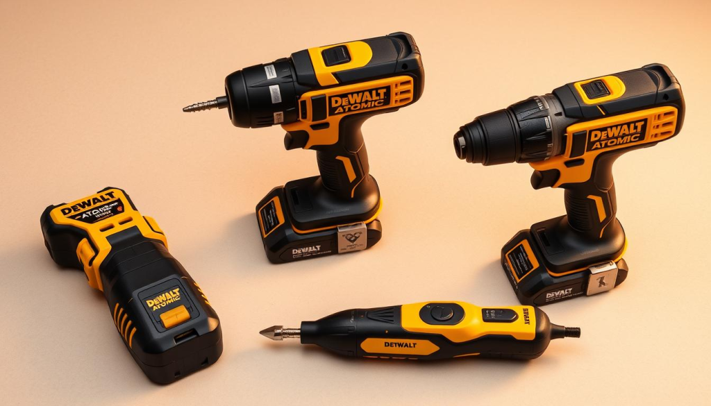 A well-lit, high-resolution photograph of a collection of DeWalt Atomic power tools, including a cordless drill, impact driver, and oscillating multi-tool, arranged on a clean, neutral-colored surface. The tools are showcased in a way that highlights their compact and sleek design, with a focus on the user-friendly features and ergonomic handles. The lighting should create a soft, warm ambiance, drawing attention to the tools' quality construction and premium finishes. The overall composition should convey a sense of professionalism, reliability, and attention to detail, reflecting the user experience and positive testimonials associated with the DeWalt Atomic compact power tool series.