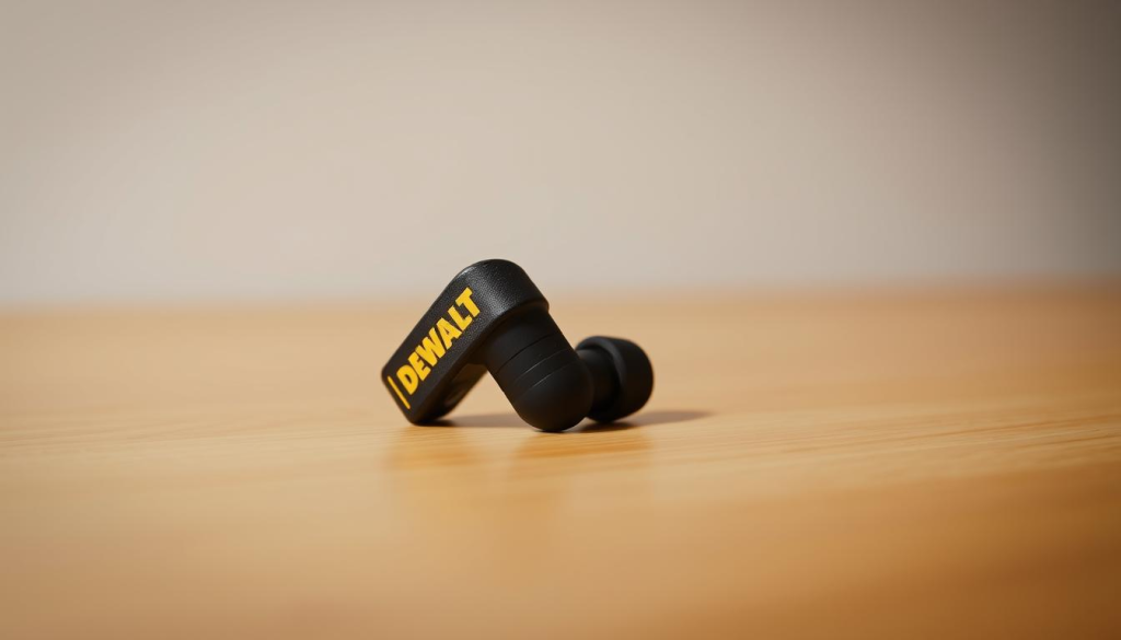 A well-lit, high-resolution photograph of a pair of DEWALT wireless earbuds resting on a wooden desk, showcasing their sleek, industrial design and sturdy construction. The earbuds are placed against a neutral background, allowing their black and yellow color scheme to stand out. In the foreground, the earbuds are shown in sharp focus, with their textured surfaces and intricate detailing clearly visible. The middle ground features a subtle blurred reflection of the earbuds on the desk's surface, adding depth and dimension to the image. The background is slightly out of focus, creating a soft, professional-looking setting that complements the product's utilitarian aesthetic.