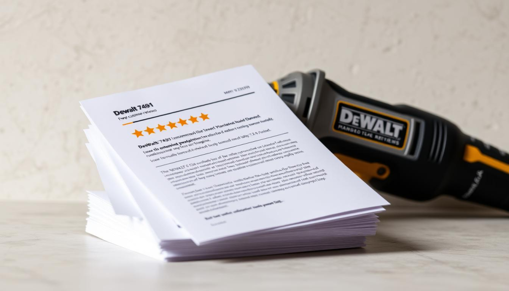 A well-lit, high-resolution photograph of a stack of customer reviews for the DeWalt 7491 power tool. The reviews are displayed on glossy, high-quality paper with a subtle matte finish, positioned against a neutral, textured background that complements the tool's industrial design. The reviews feature a mix of star ratings, concise written feedback, and a sense of the product's performance, durability, and versatility. The lighting is soft and diffused, creating a sense of professionalism and attention to detail, while the angle and composition draw the viewer's eye to the reviews themselves, conveying their importance and relevance to the product's story.