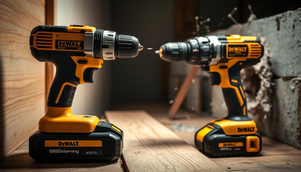 A well-lit, high-resolution photograph of a variety of Dewalt 860 power drill applications. In the foreground, a Dewalt 860 cordless drill is shown drilling into a wooden board, showcasing its power and precision. In the middle ground, the drill is used to install drywall screws, demonstrating its versatility. In the background, a Dewalt 860 hammer drill is shown breaking through concrete, highlighting its heavy-duty capabilities. The scene is captured from a slightly elevated angle, creating a dynamic and professional-looking composition. The overall mood is one of efficiency, durability, and the wide range of tasks the Dewalt 860 can handle.